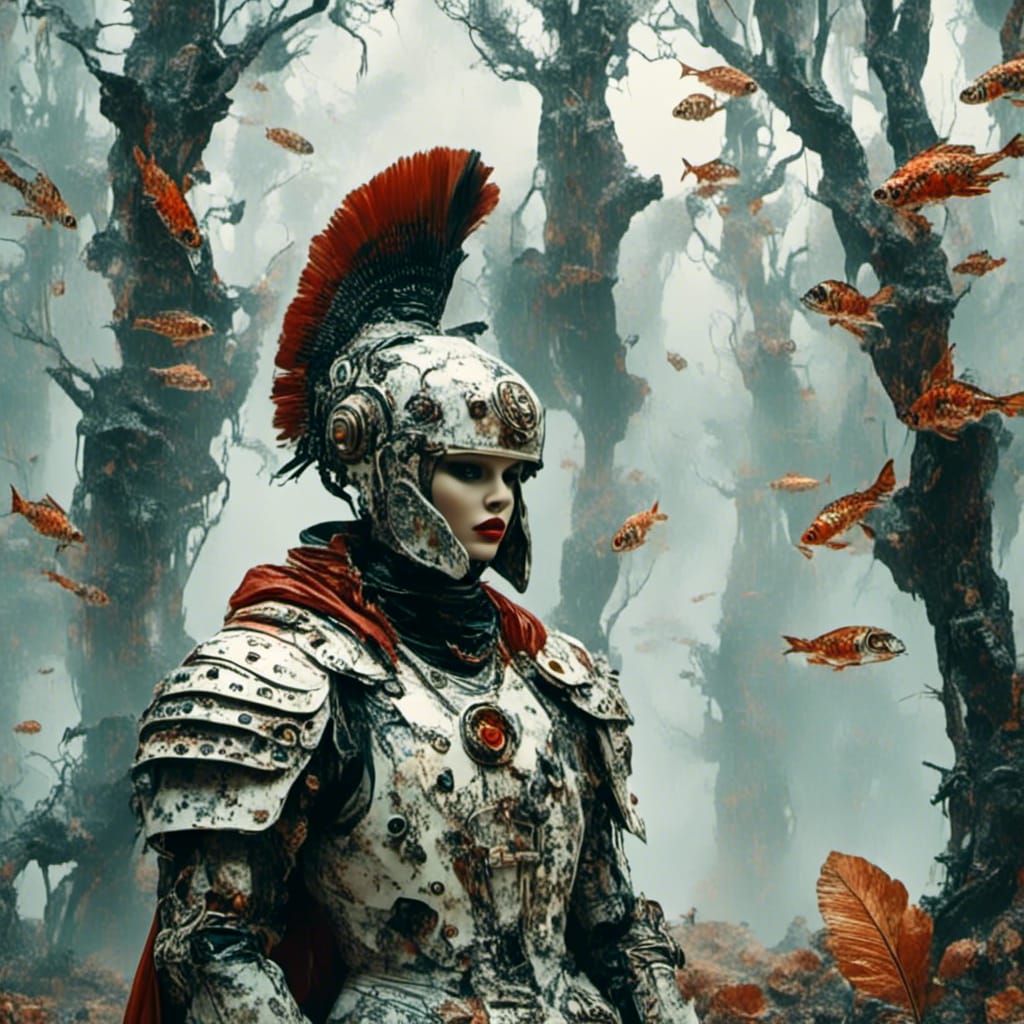 Roman Legionary Lost in Retro Sci-Fi Polka Dot Forest