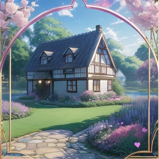Anime Cottagecore Heart Frame with River