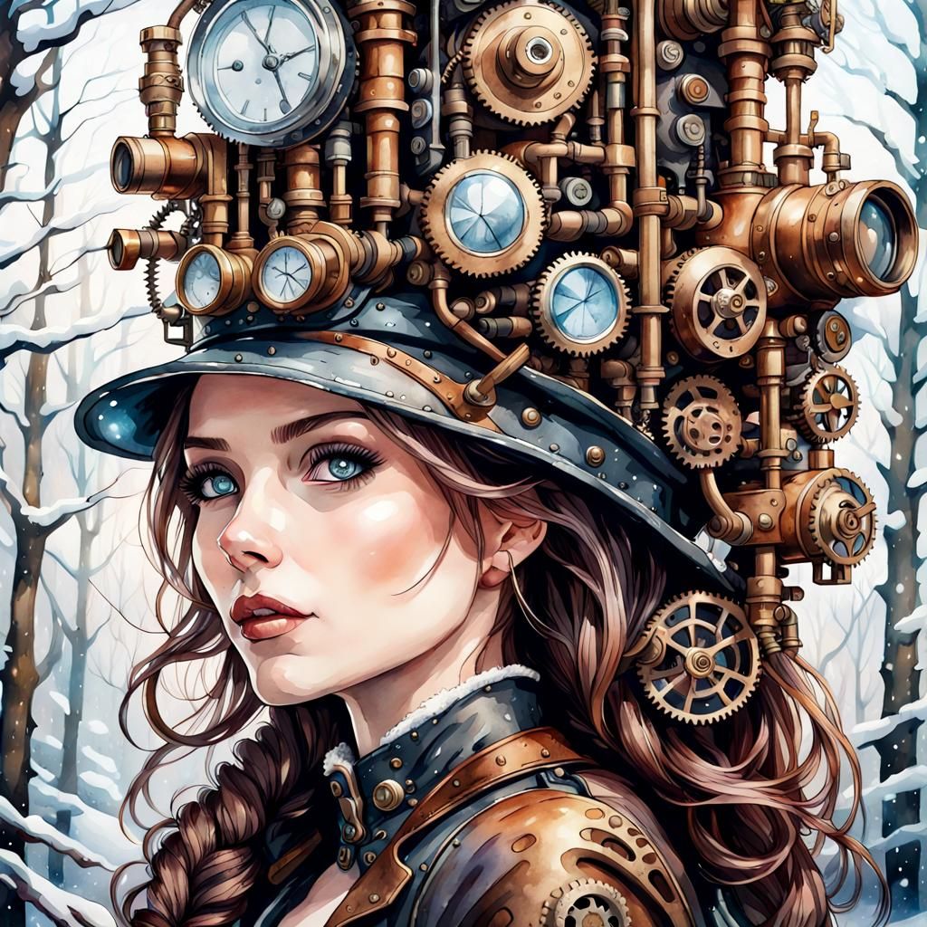 Beautiful Steampunk Girl in Winter Wonderland Watercolor