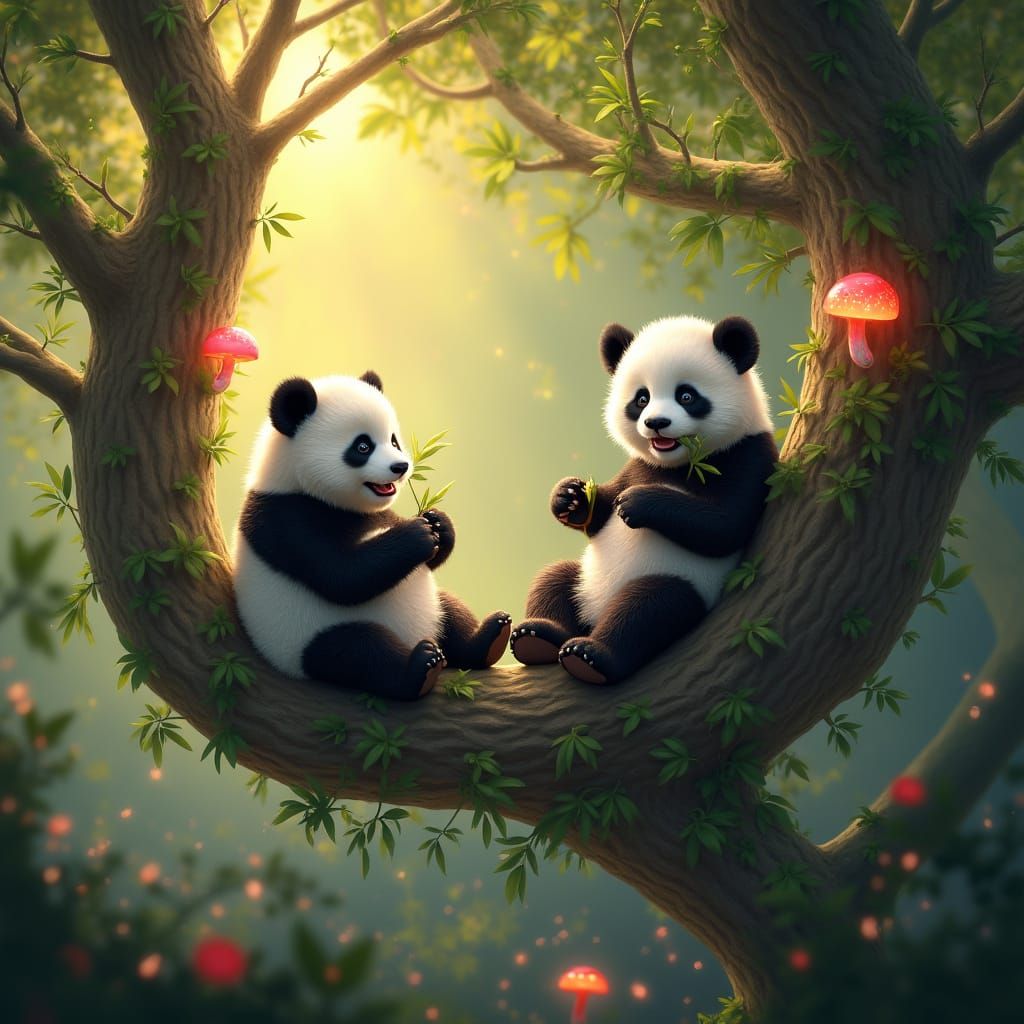 Vibrant Baby Panda Bears in a Whimsical Forest Scene