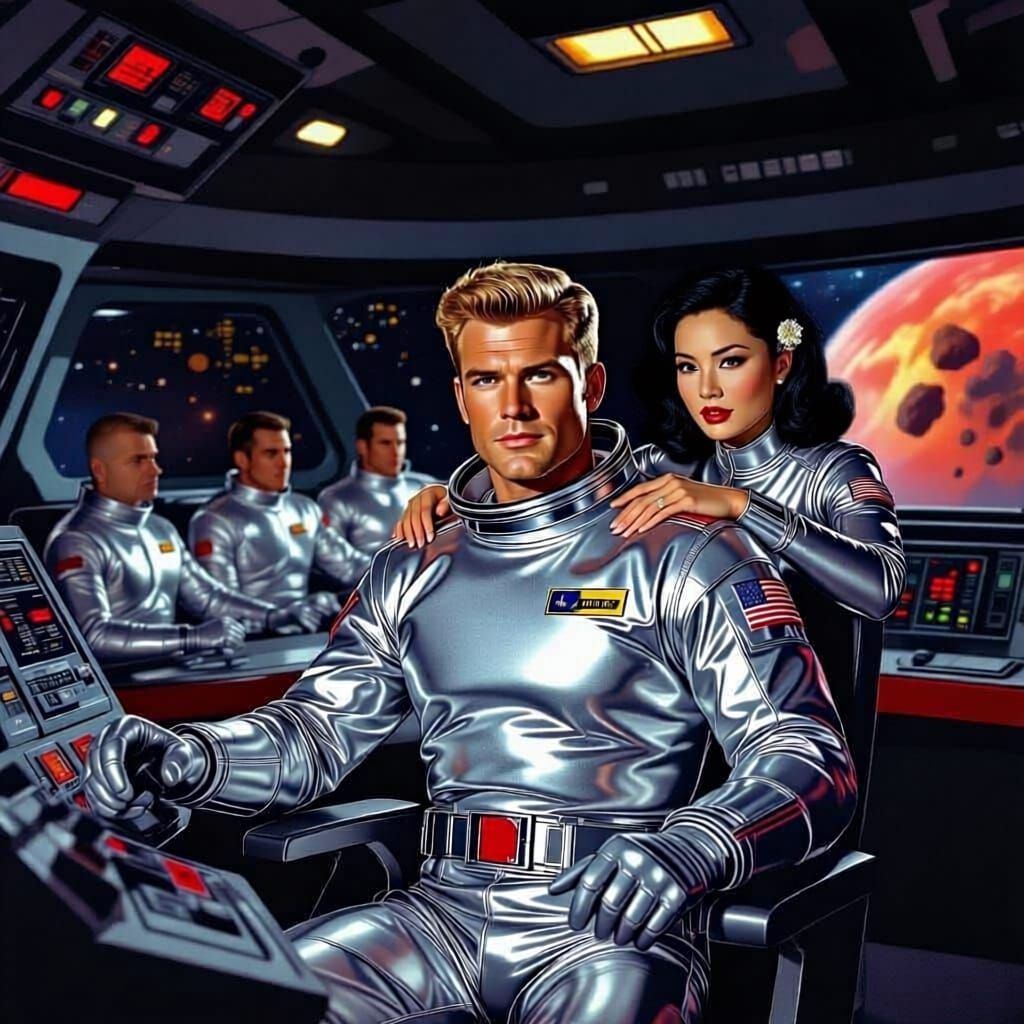 1950s Sci-Fi Starship Bridge Crew Explores Space