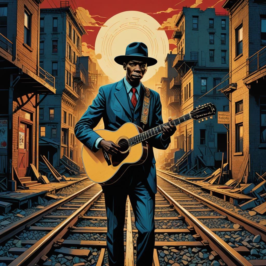 Blues Icon at Crossroads in Vibrant Digital Art