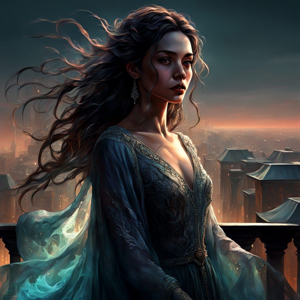 Mysterious Woman on Foggy Balcony in Dark Fantasy Style