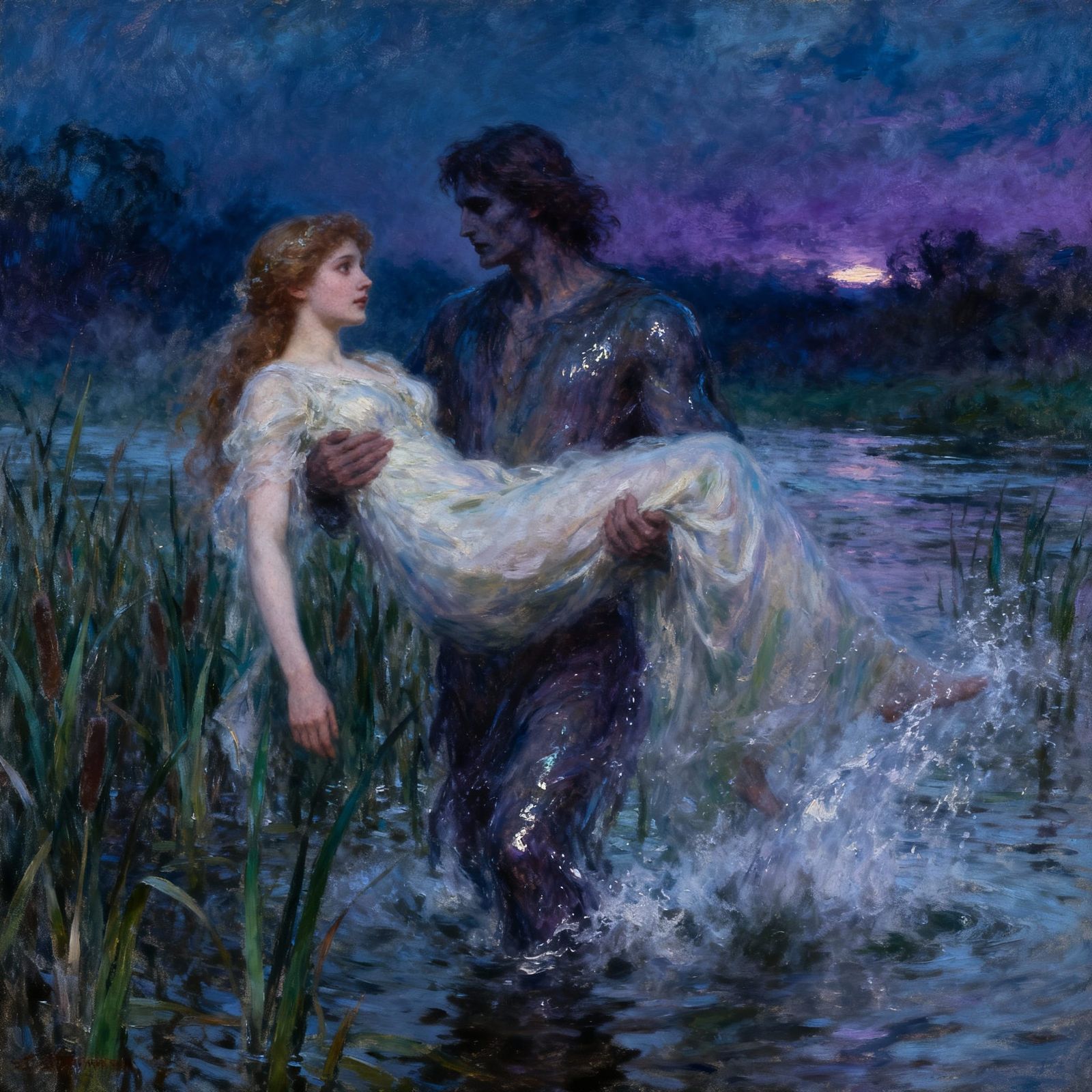 Ethereal Oil Painting of Twilight Courtship by the River