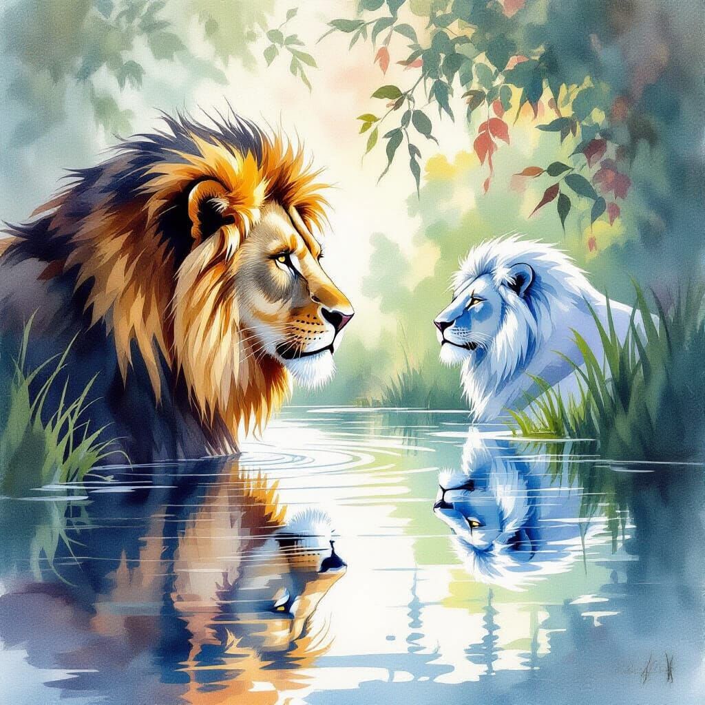 Lion's Reflection in Expressive Watercolor Style