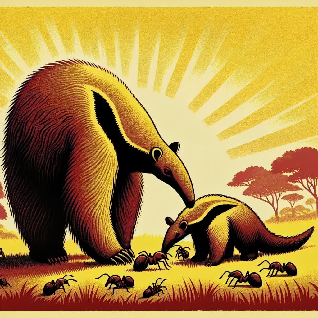 Anteaters Learning to Eat Ants in Watercolor Wash Style