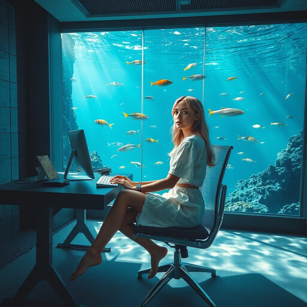 Luminous Woman at Desk in Crystal Ocean, Digital Matte Paint...