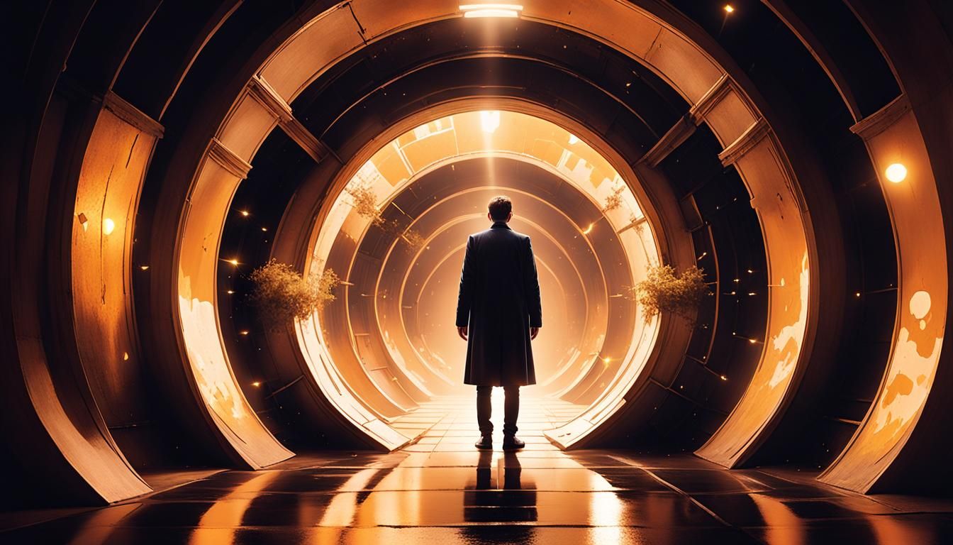 Ethereal Tunnel with Glowing Portals in Surreal Style