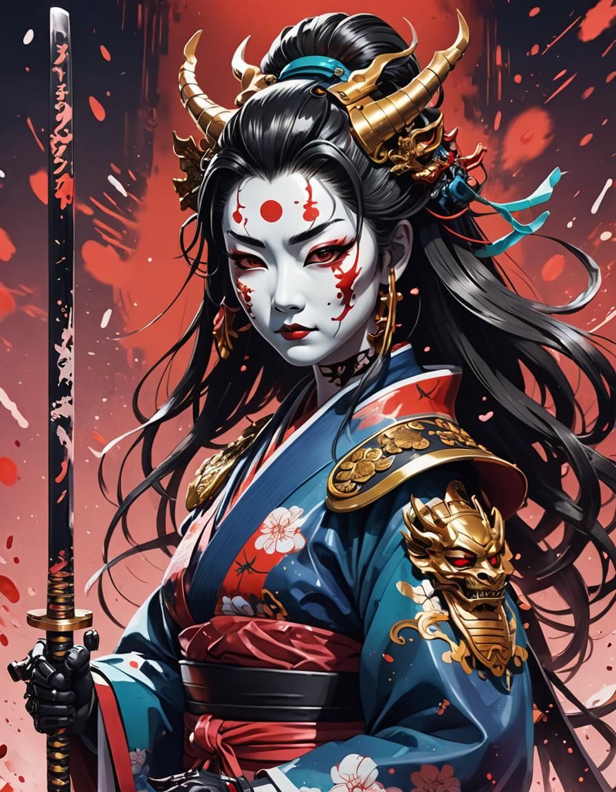 Robot Geisha with Oni Mask Anime Illustration