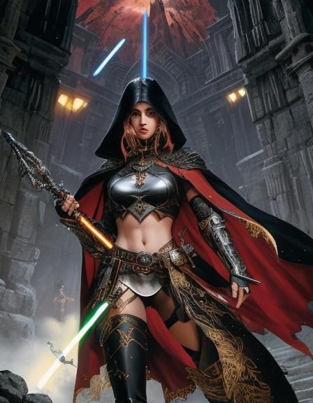 Star Wars Character with Lightsabers in Surreal Setting