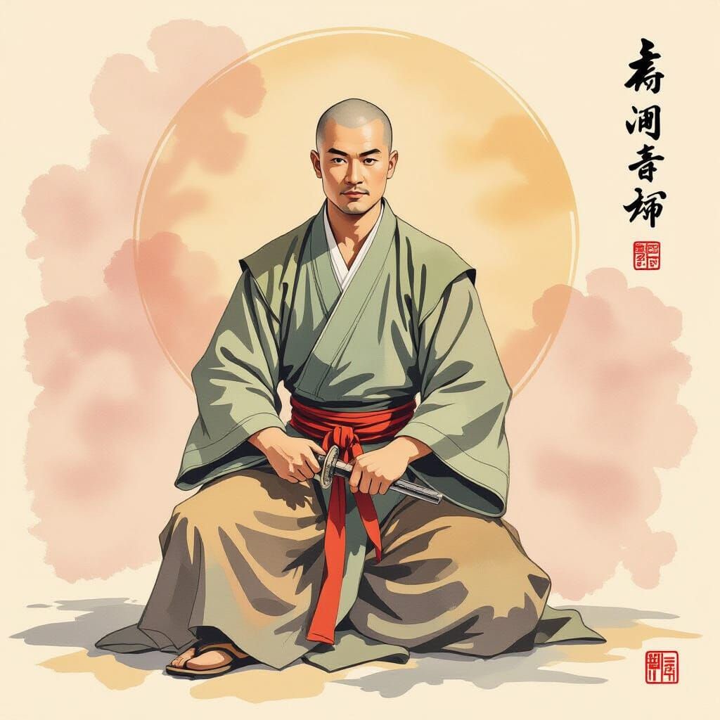 Shaolin Monk Training in Pastel Chinese Watercolor Style