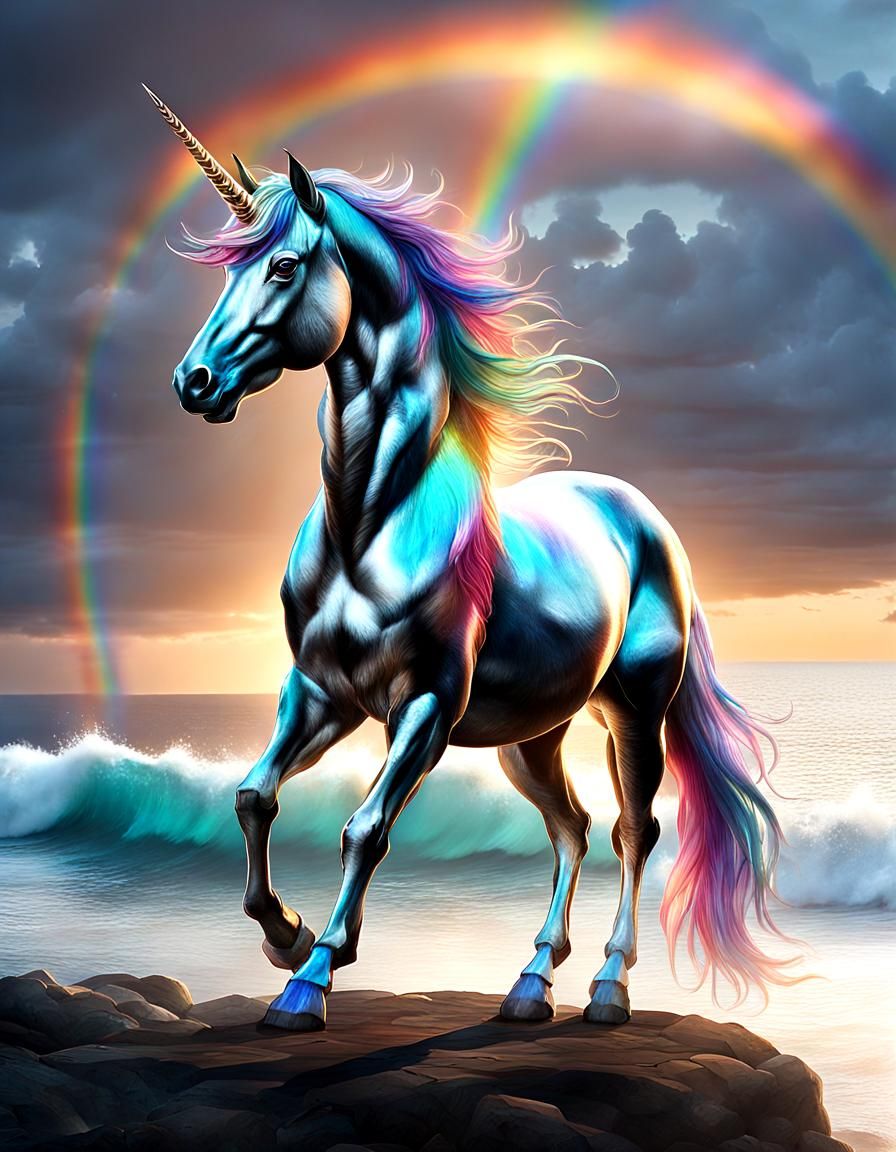 Unicorn Overlooking Ocean with Rainbow, Fantasy Art
