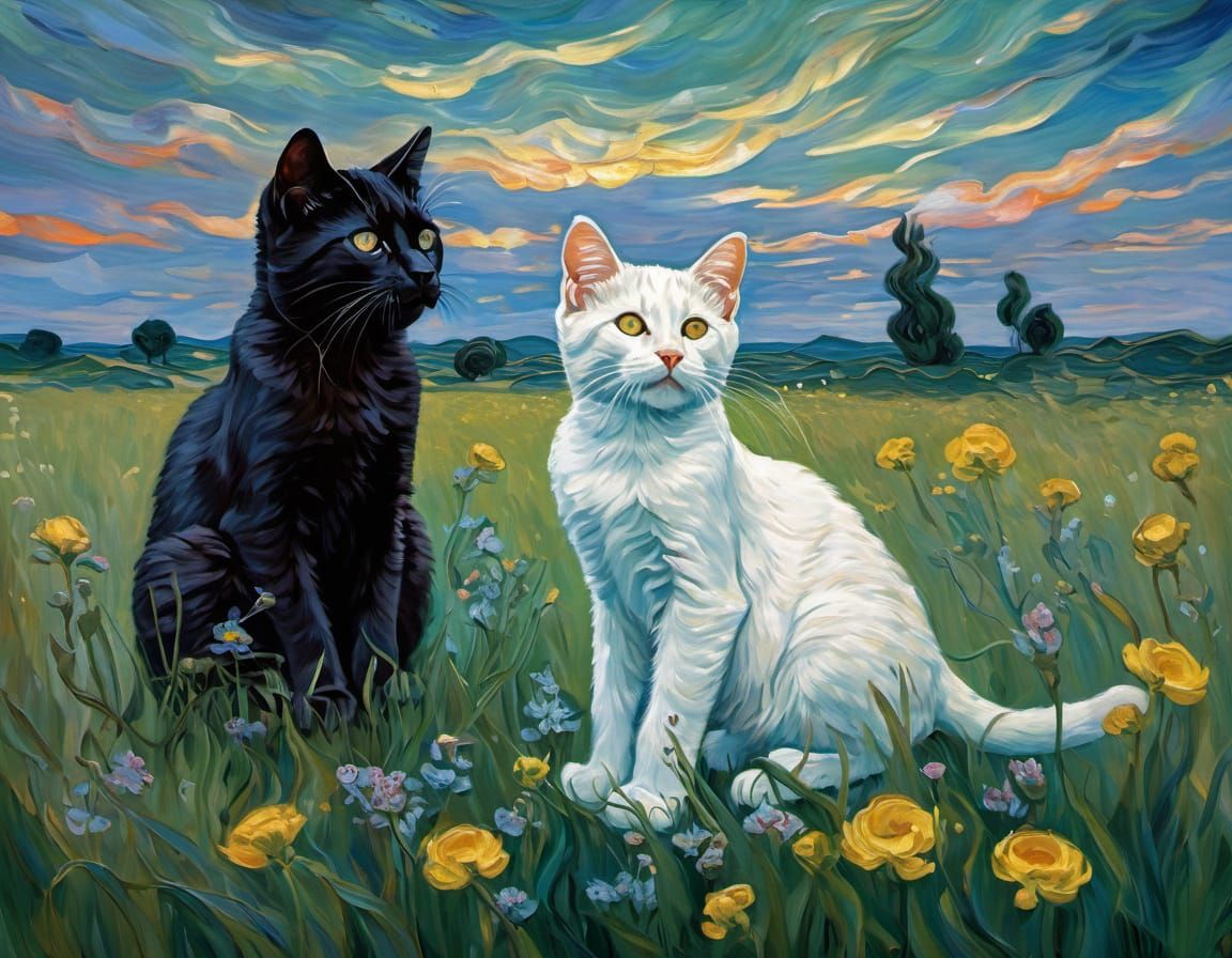 Kittens in a Meadow: Impressionistic Oil Painting