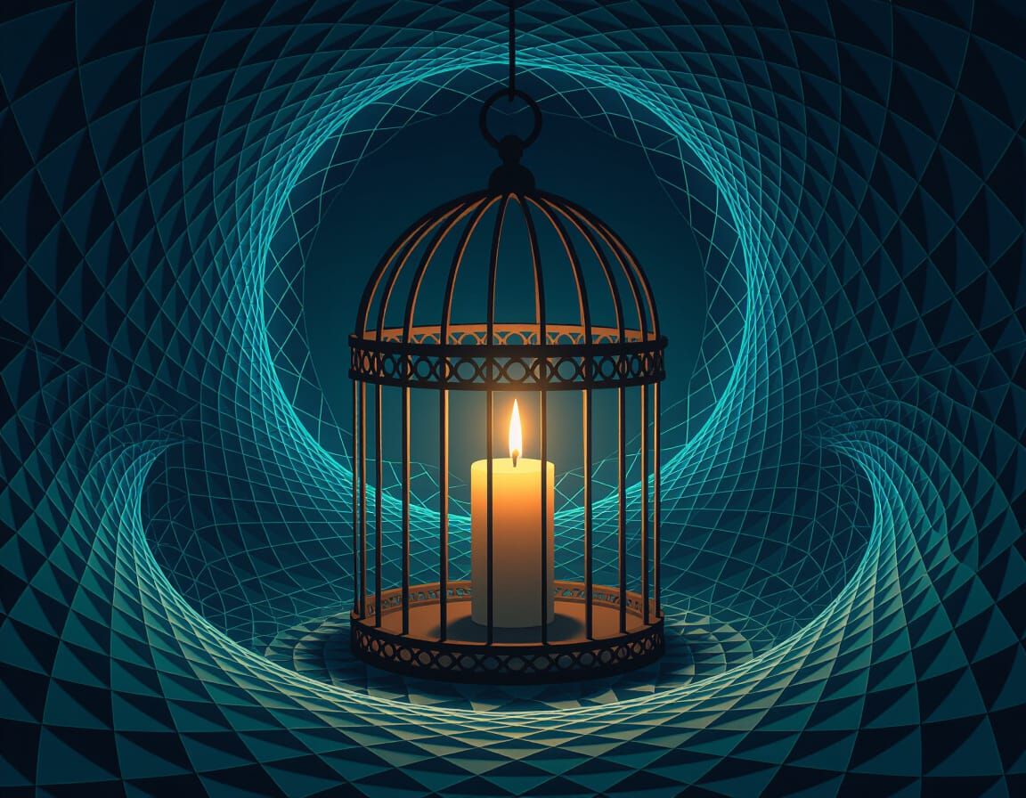 Surreal Geometric Candle in Birdcage Painting