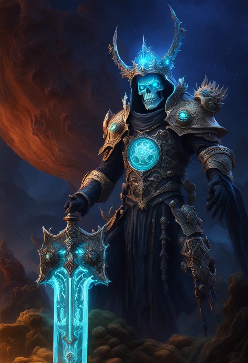 Bioluminescent King of Death in Ornate Armor