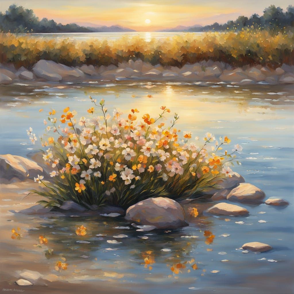 Impressionist Wildflower Bouquet on Clear Water