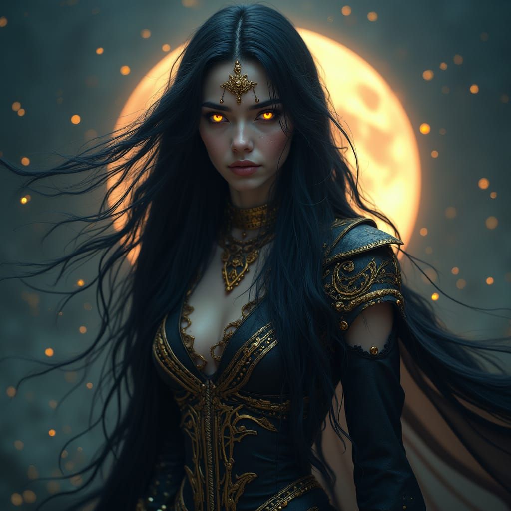 Enchanting Woman in Twilight Realm with Flowing Hair