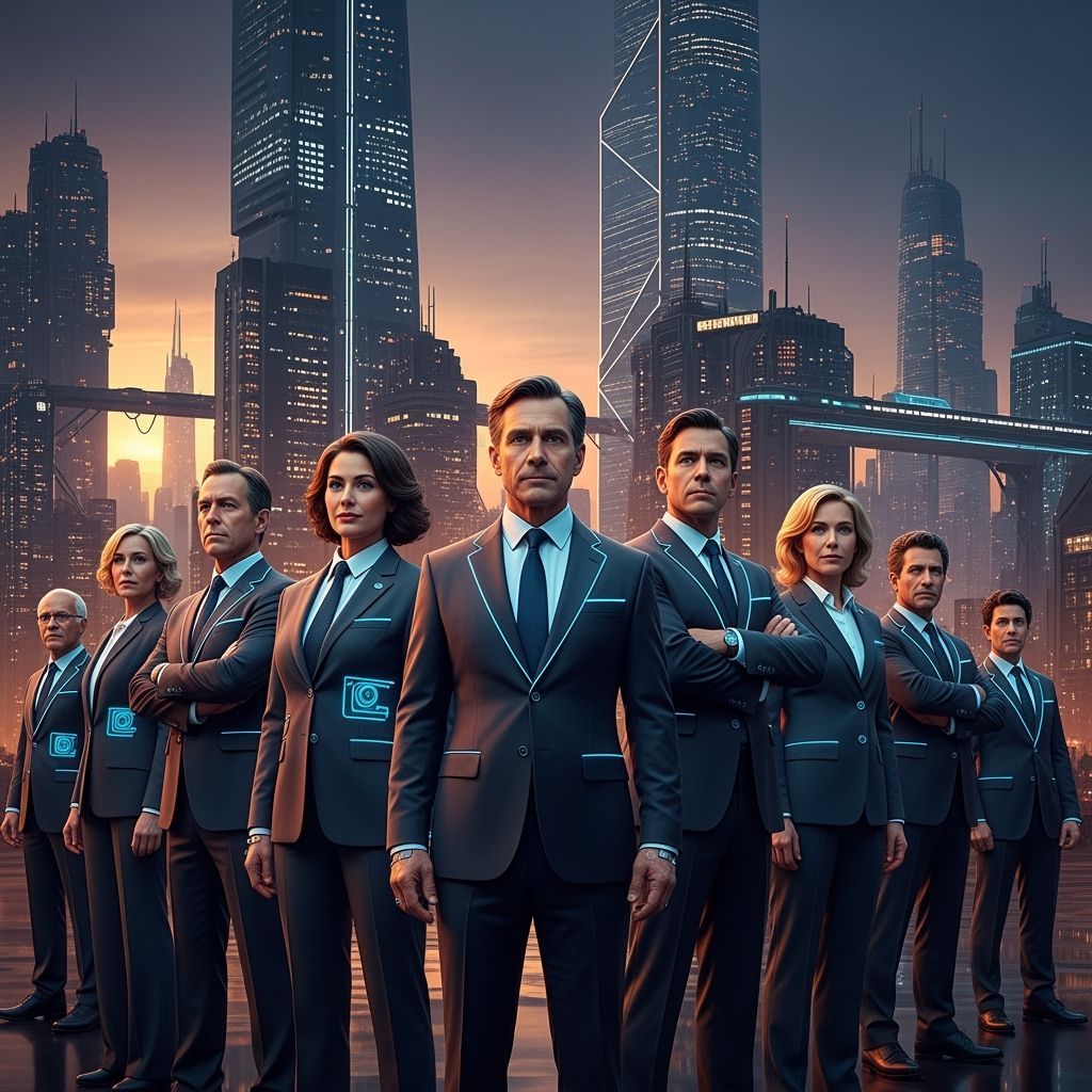 Confident Politicians in Futuristic Cityscape: Cyberpunk Sty...