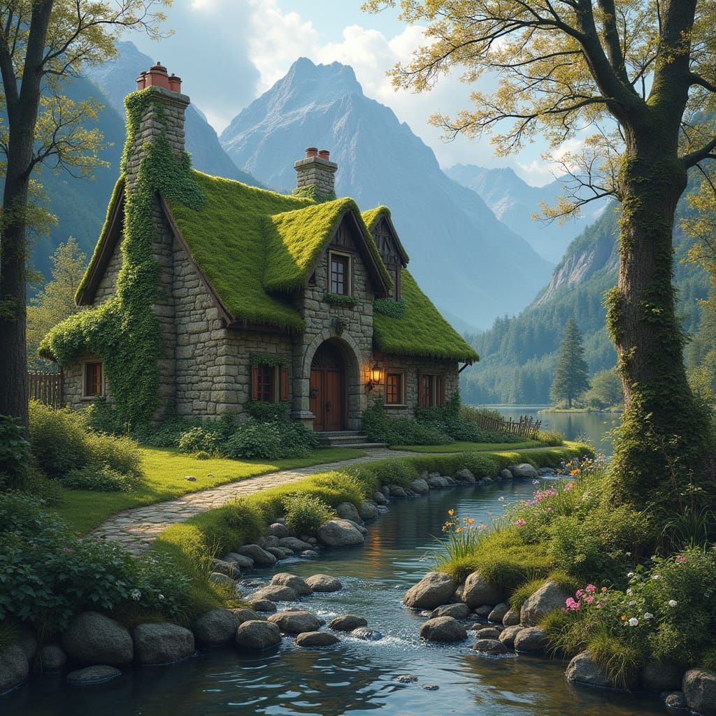 Cozy Stone Cottage in Spring Forest, Hyperrealistic Digital ...