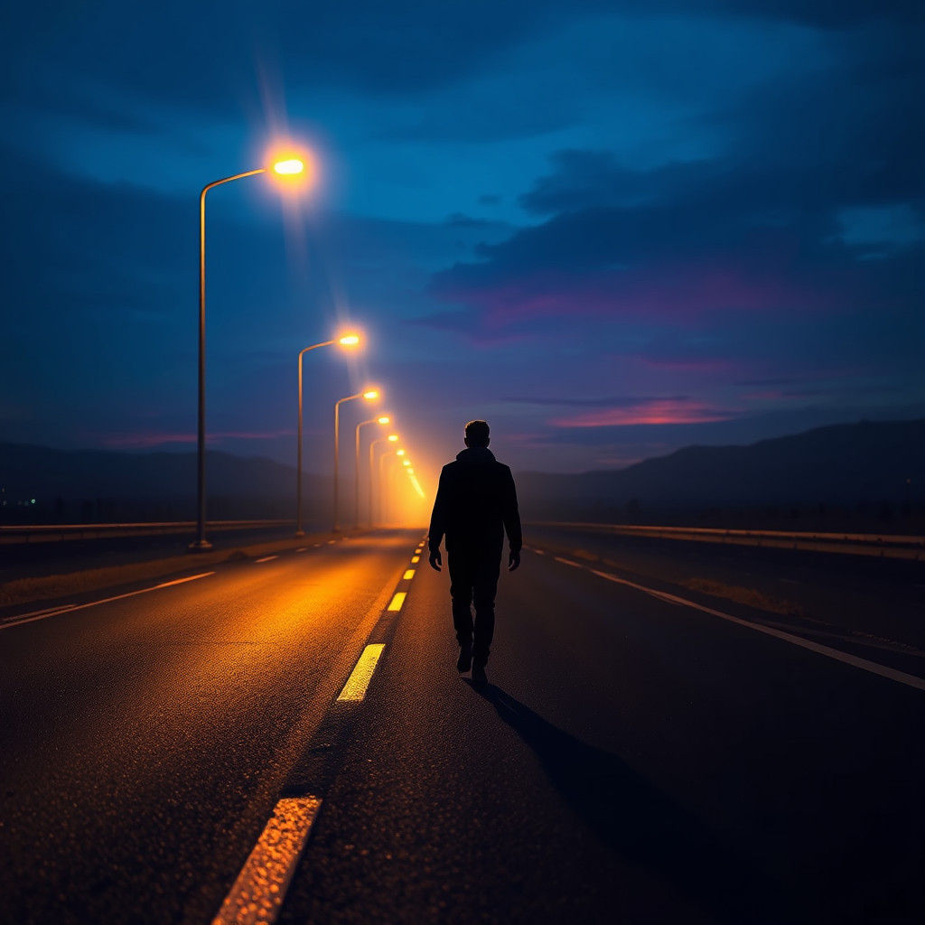 Ethereal Figure on Highway in Dreamlike Lighting