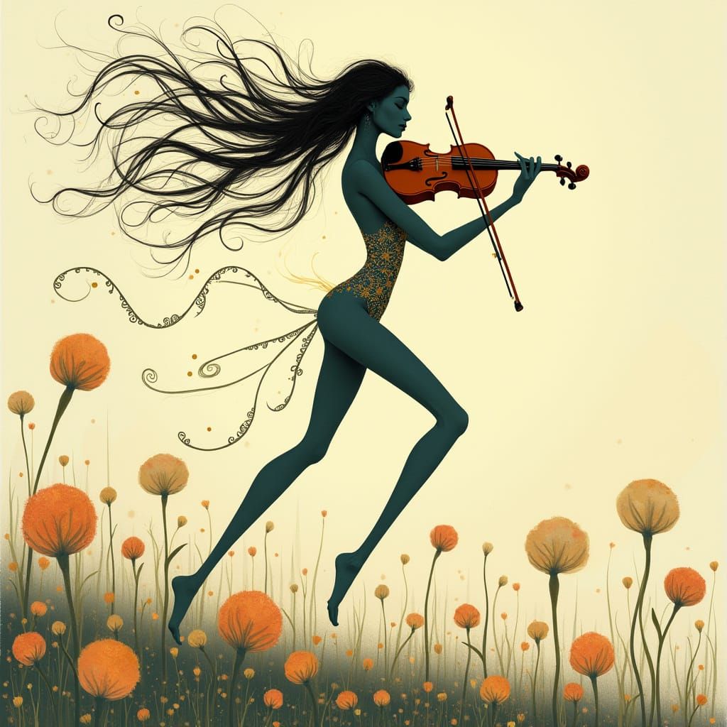 Ethereal Female Violinist in Art Nouveau Style