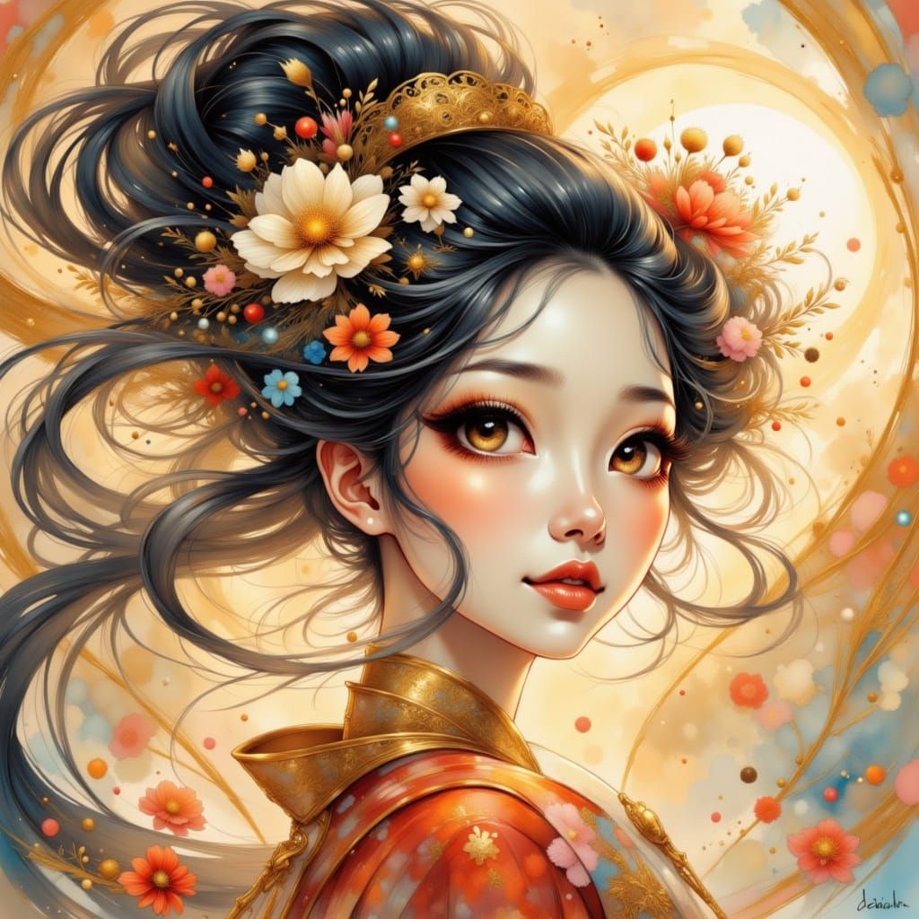Magical Japanese Lady with Flowing Hair and Flowers