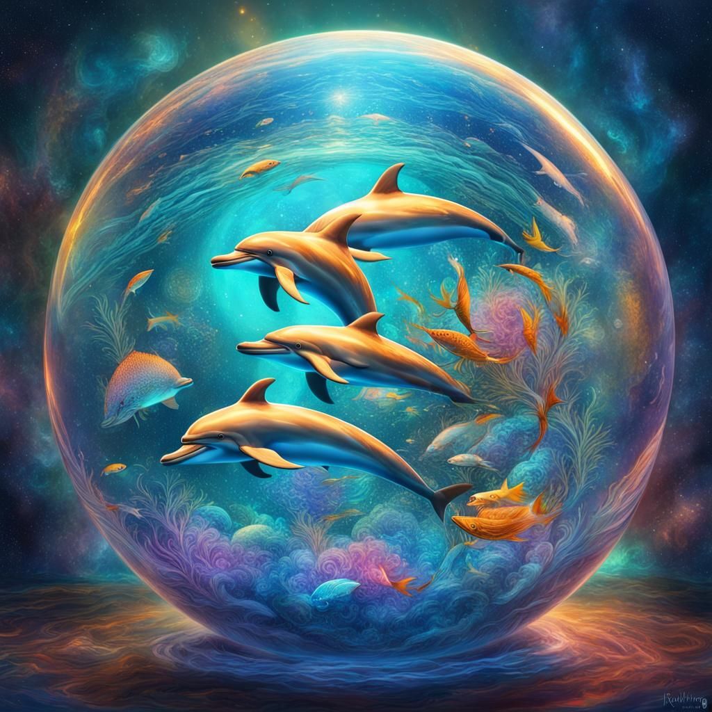 Astral Water Sphere with Dolphins and Fish