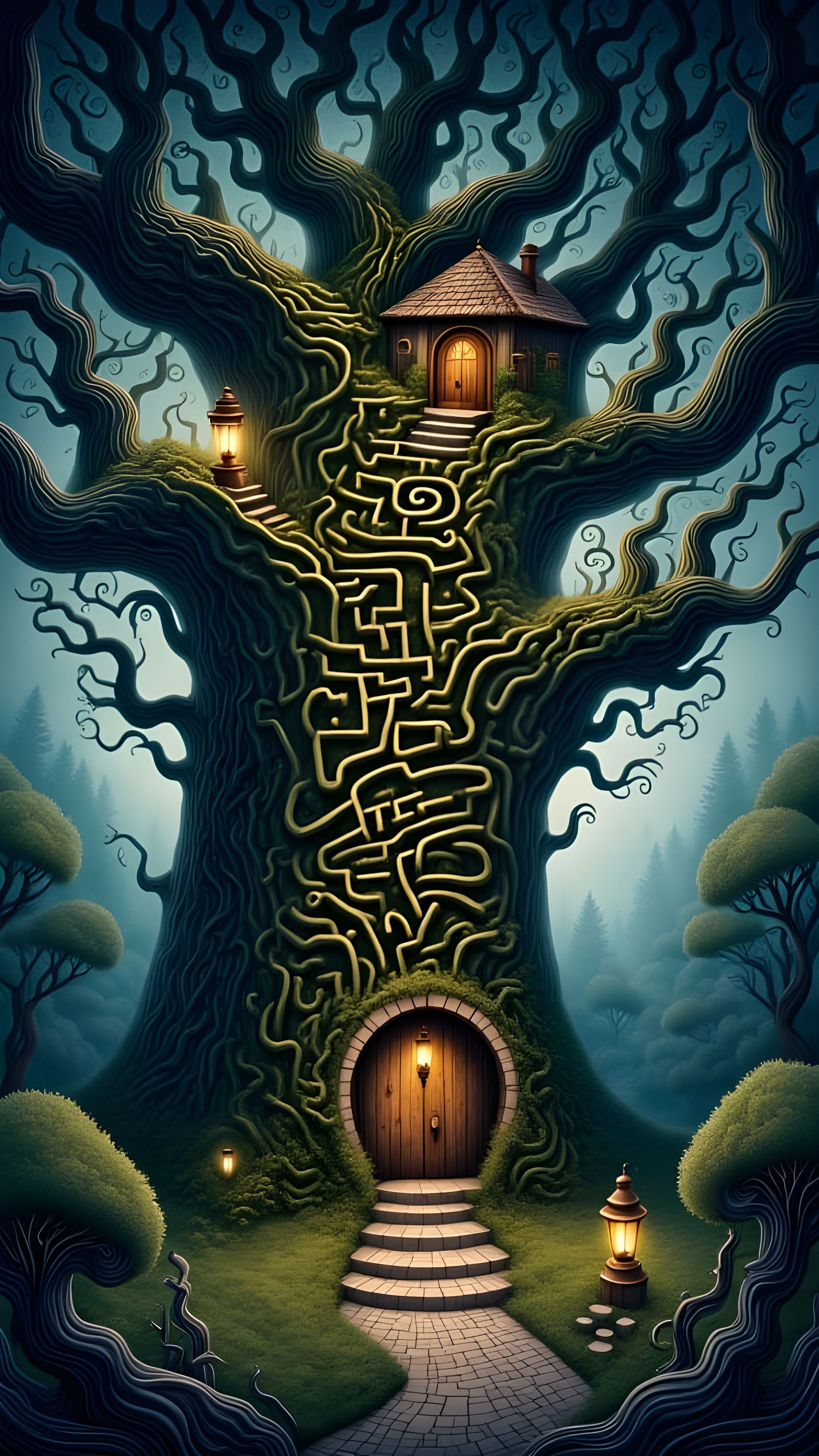 Surreal Woodland Maze with Lanterns and Ivy