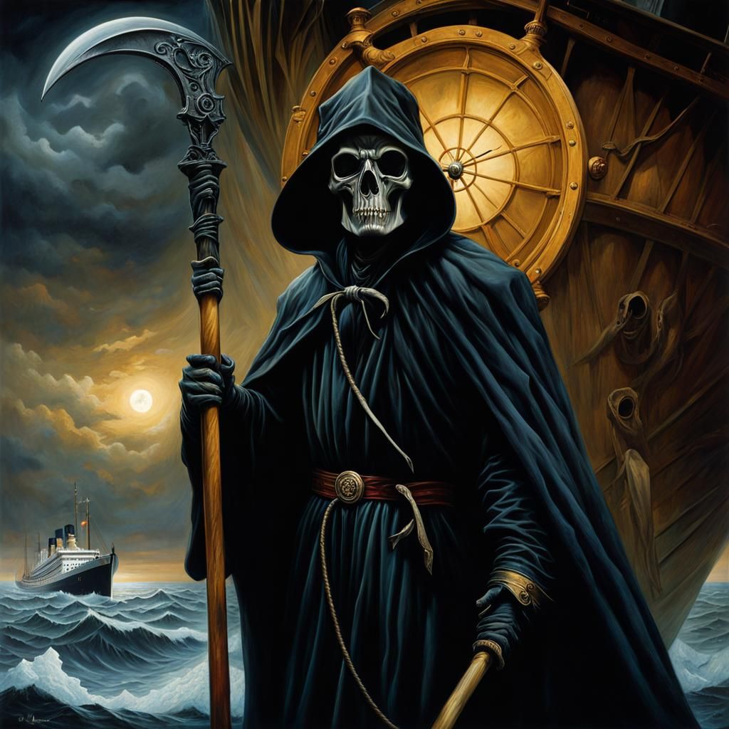 Grim Reaper on the Titanic: Oil Painting