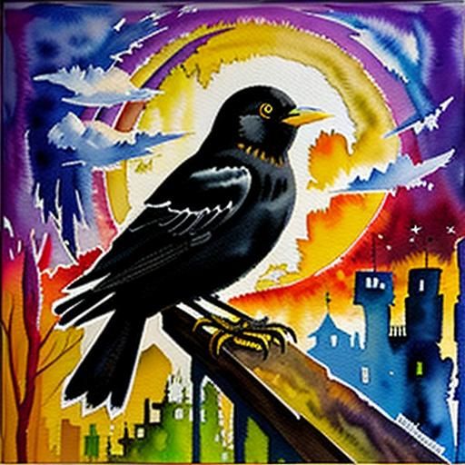 Blackbird Serenade: Watercolor in Expressionist Style