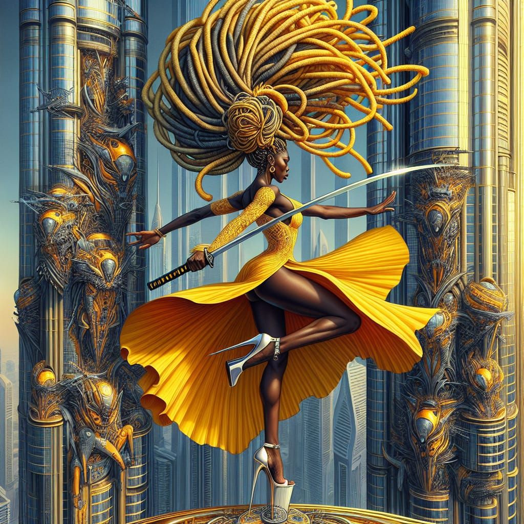 Celestial Black Goddess Battling in Dubai Skyscraper