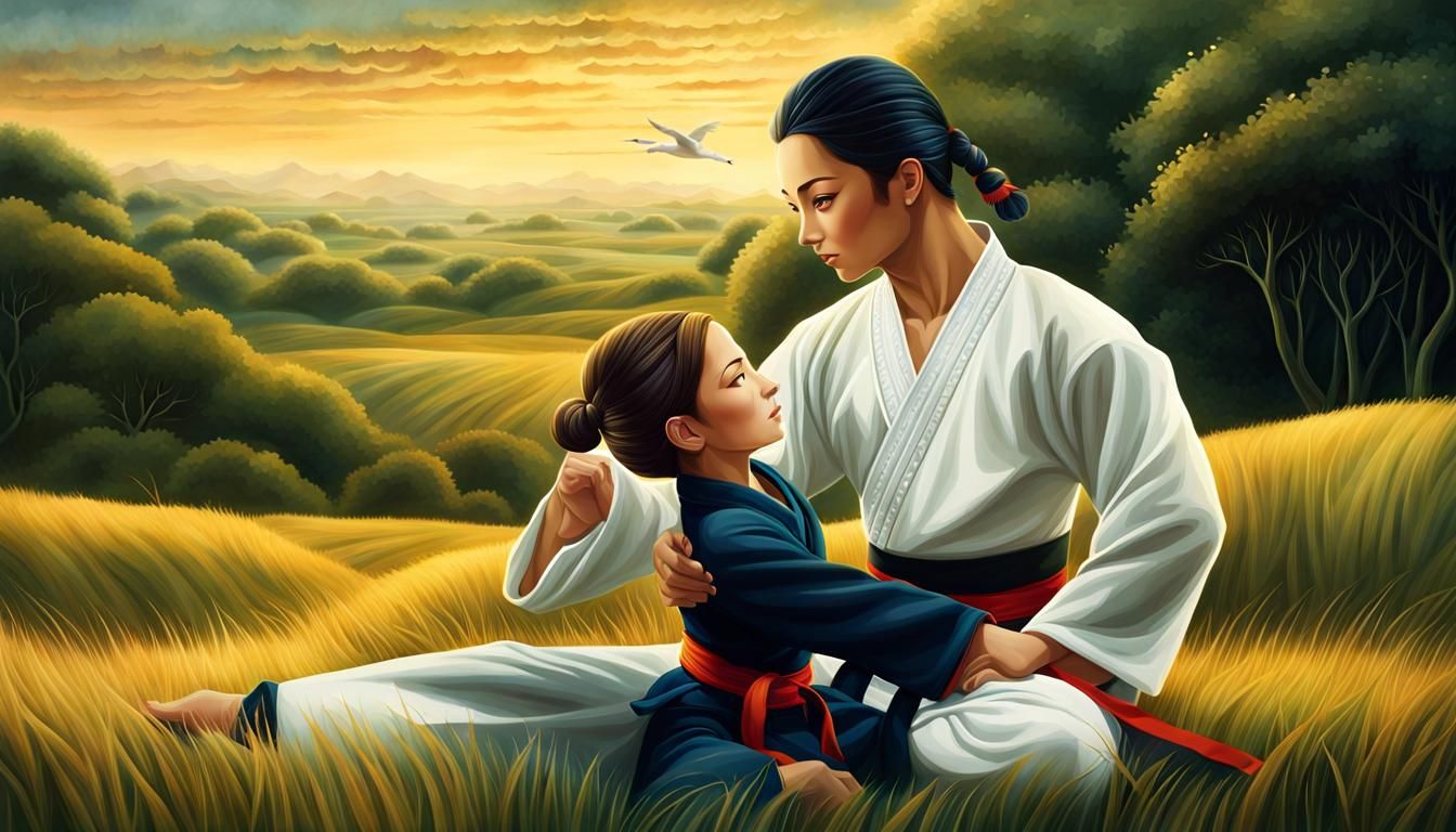 Martial Arts Mentor and Protégé Training at Sunset