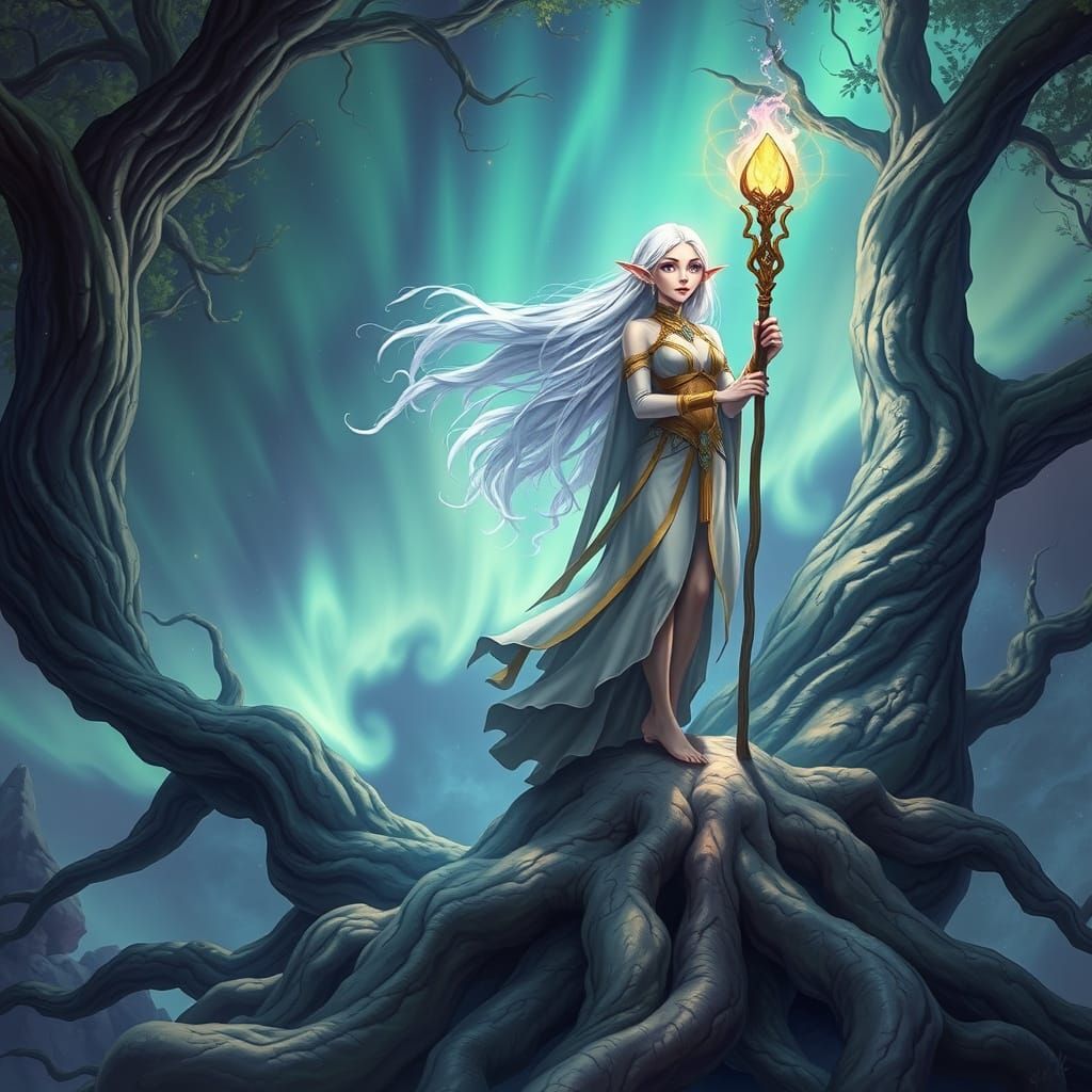 Elven Sorceress Weaving Dreams in Painterly Style