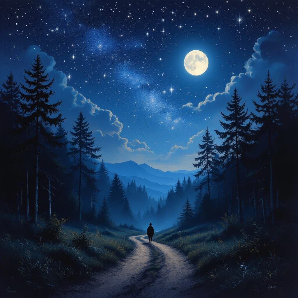 Mystical Forest Path Under Starry Night Sky