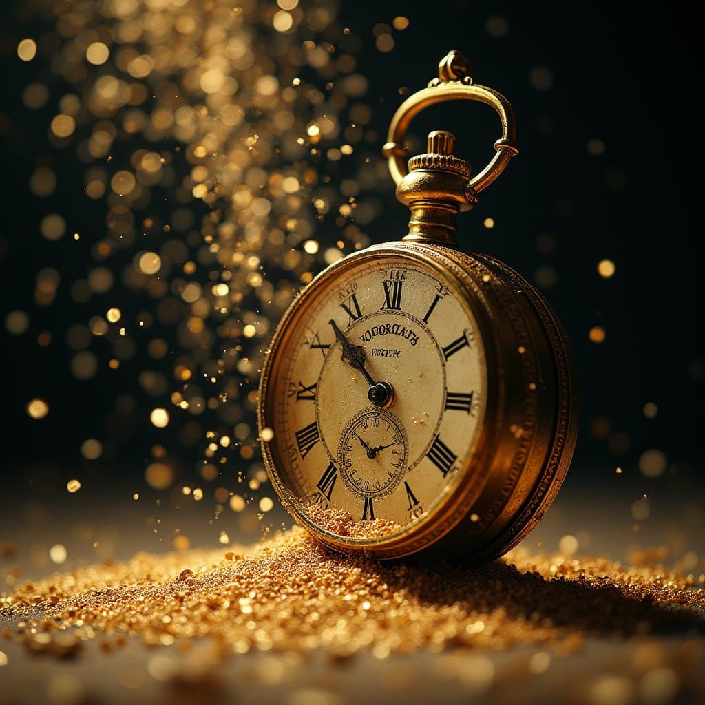 Surreal Timepiece Explodes with Golden Particles and Glowing...
