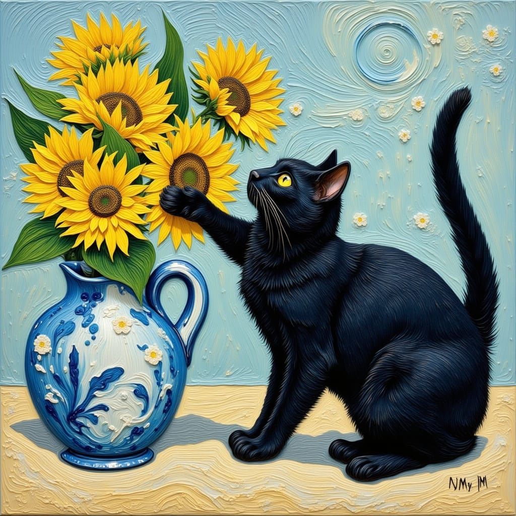 Black Cat with Sunflowers in Van Gogh Style