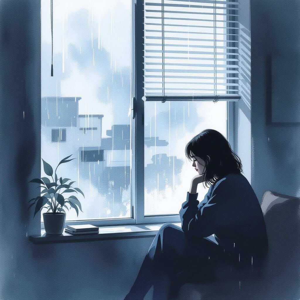 Woman in Minimalist Apartment by Rainy Window