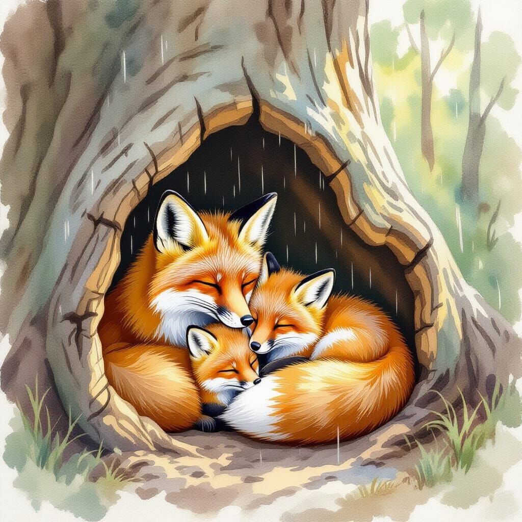 Cozy Fox Family Hiding in Tree Log During Rain