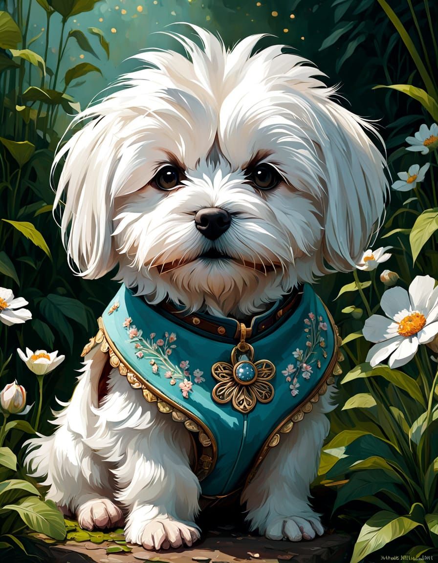 Adorable Coton de Tulear Puppy in Vibrant Floral Outfit