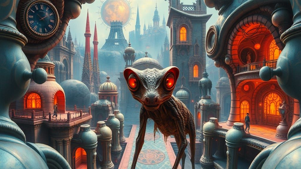 Surreal Cityscape with Cryptid Specimen, Abstract Expression...