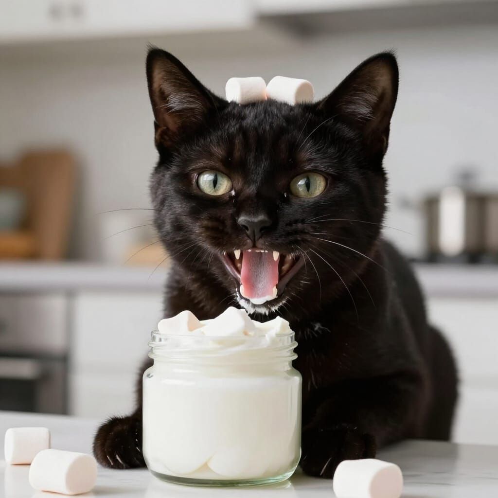 Funny Black Kitten Eats Marshmallow Cream from Jar