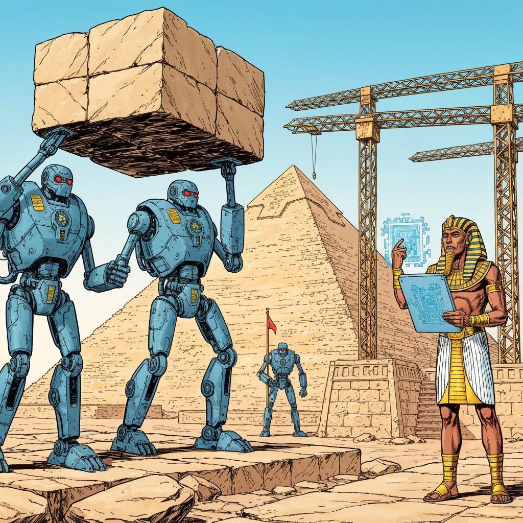 Futuristic Robots Build Egyptian Pyramid in Pulp Comic Style