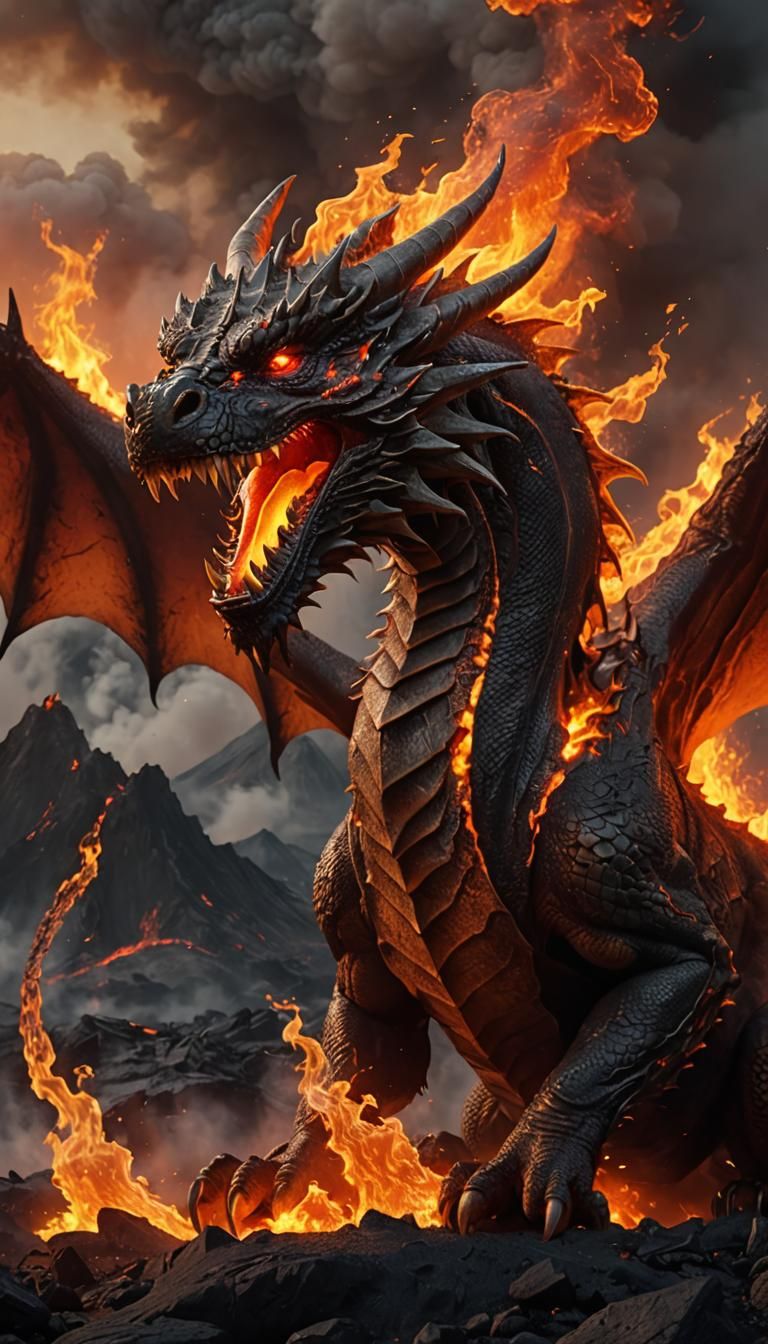 Epic Fire Dragon Roaring at Volcano Mouth