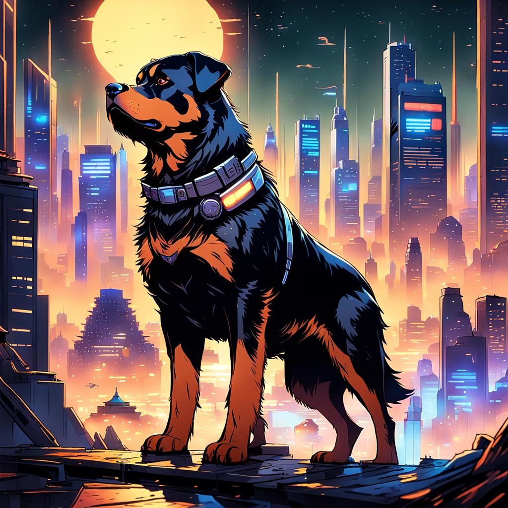 Rottweiler on Coruscant Rooftop in Anime Style