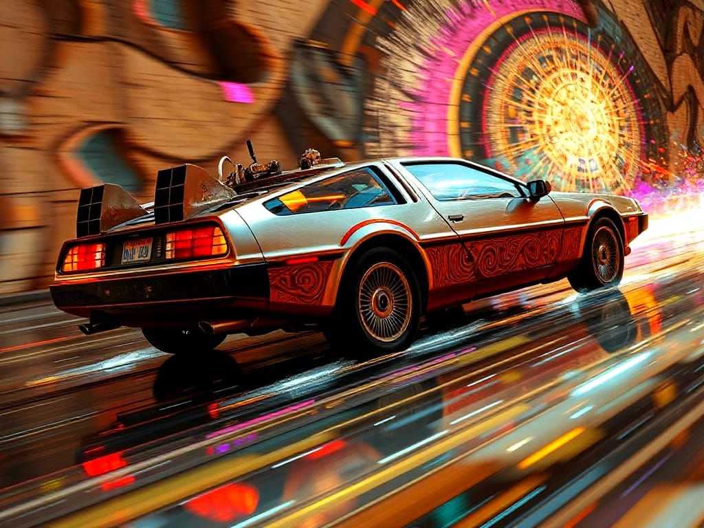 DeLorean Time Machine in Tribal Petroglyph Style