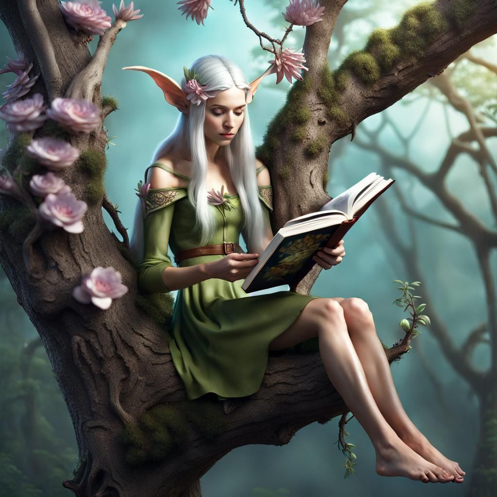 Female Elf Reading Magical Pop-Up Book