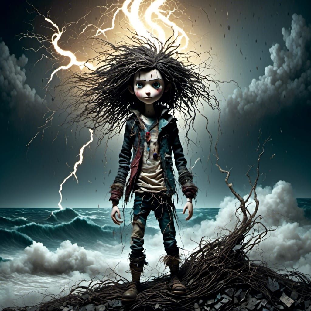 Boy Holds Lightning Bolt on Stormy Sea Edge