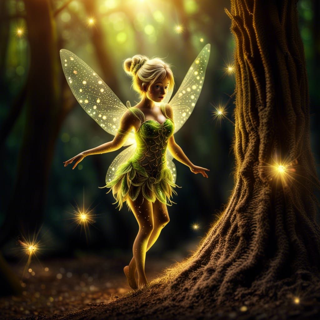 Hyperrealistic Tinkerbell in Ethereal Forest Scene