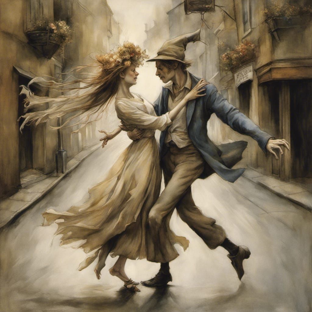 Couple Dancing in Street, Fantasy Art Style