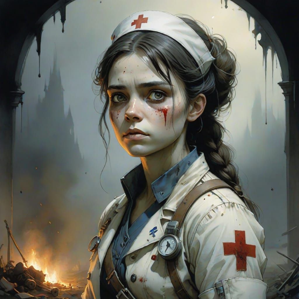 A Haunted English Nurse in Dark Fantasy Watercolor